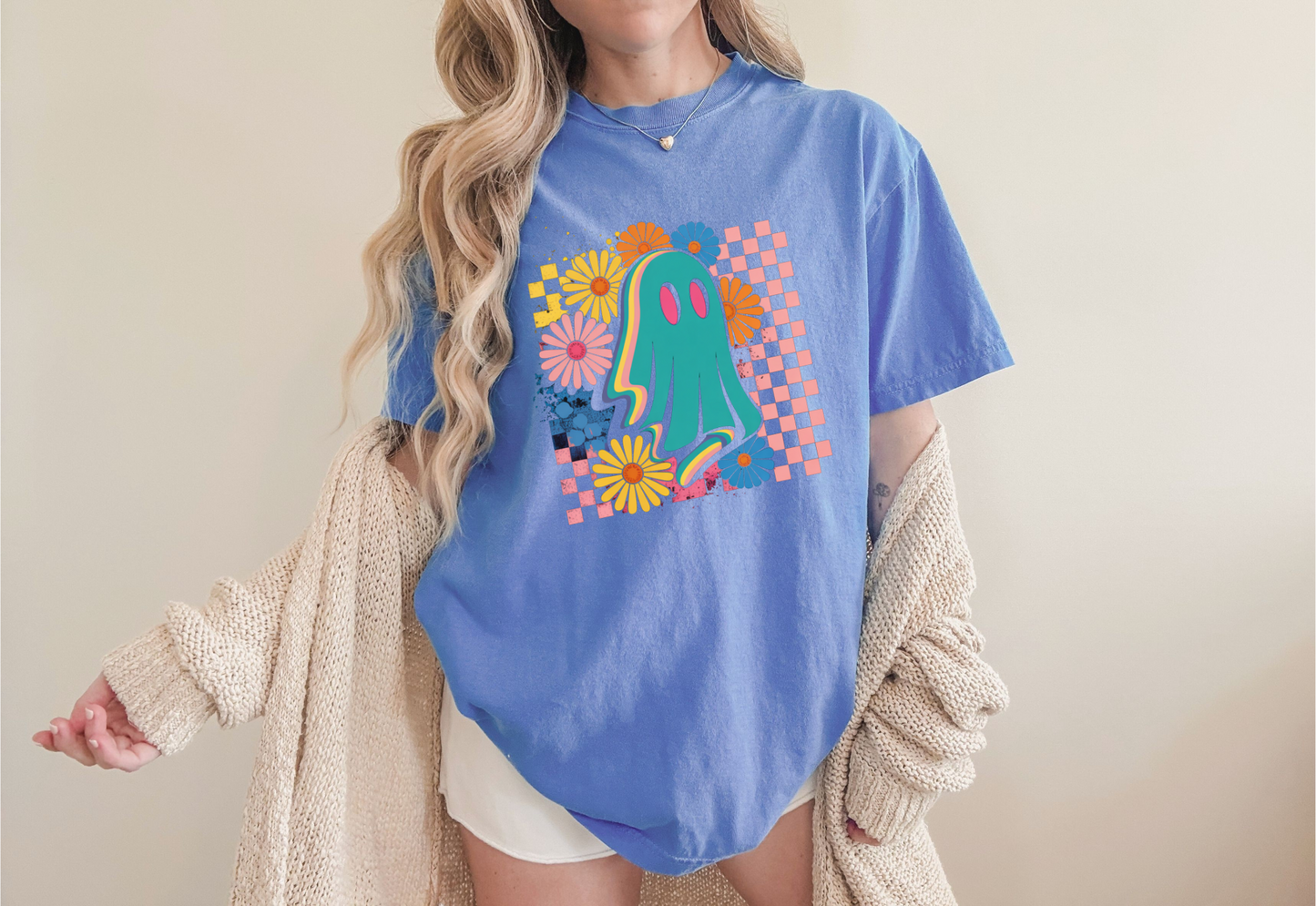 Retro Checkered Groovy Ghost | Adult DTF Transfer | Halloween Ready to Press