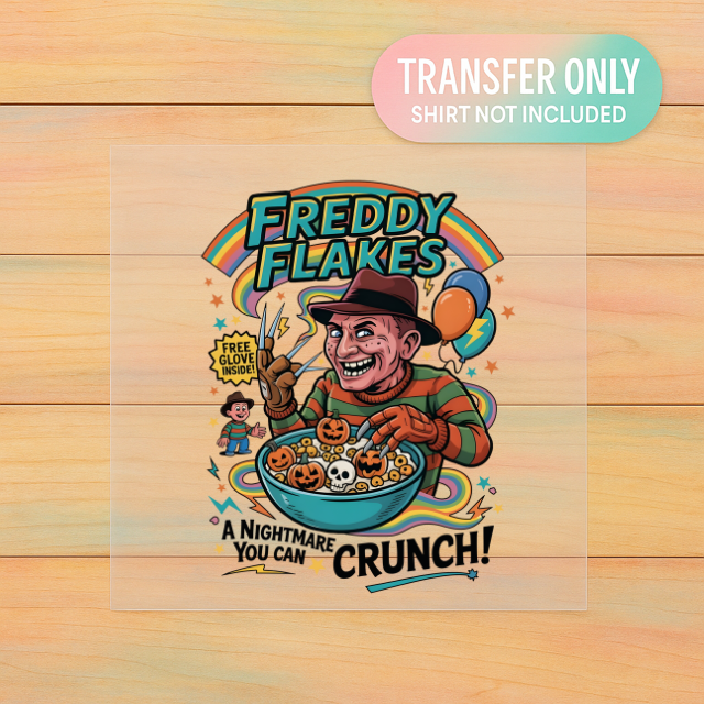 FREDDY FLAKES DTF Transfer | Horror Halloween Cereal Box Parody | Adult Ready to Press Heat Transfer