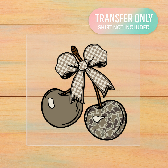 Camo Cherries – Neutral Bow DTF Transfer | Trendy Aesthetic Ready to Press