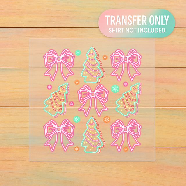 Neon Pink Christmas Tree & Bow DTF Transfer | Merry & Bright Glow Holiday Print | Retro Pinkmas Vibes