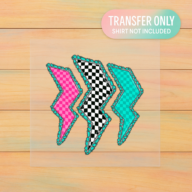 Western Bolt Trio DTF Transfer | Turquoise & Checkered Lightning Print | Retro Cowgirl Thunder Design
