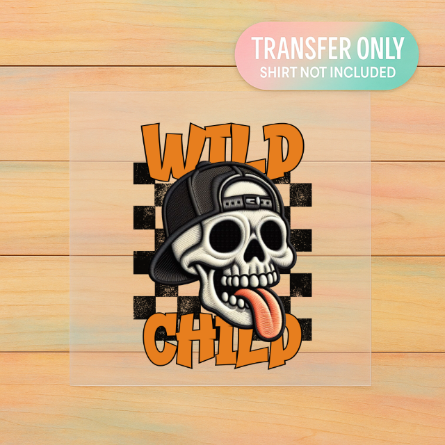 Wild Child Skull DTF Transfer | Retro Orange Checkered Skull Print | Edgy Streetwear Design