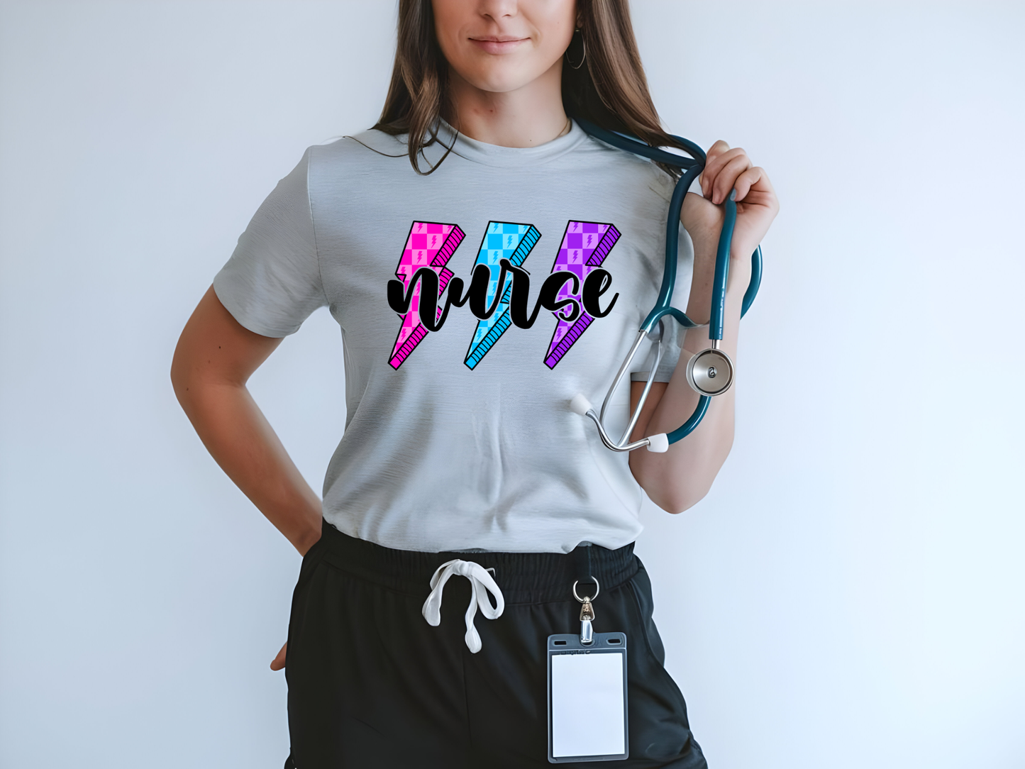 Nurse Lightning Bolts | Pink & Purple Check DTF Transfer | Ready to Press