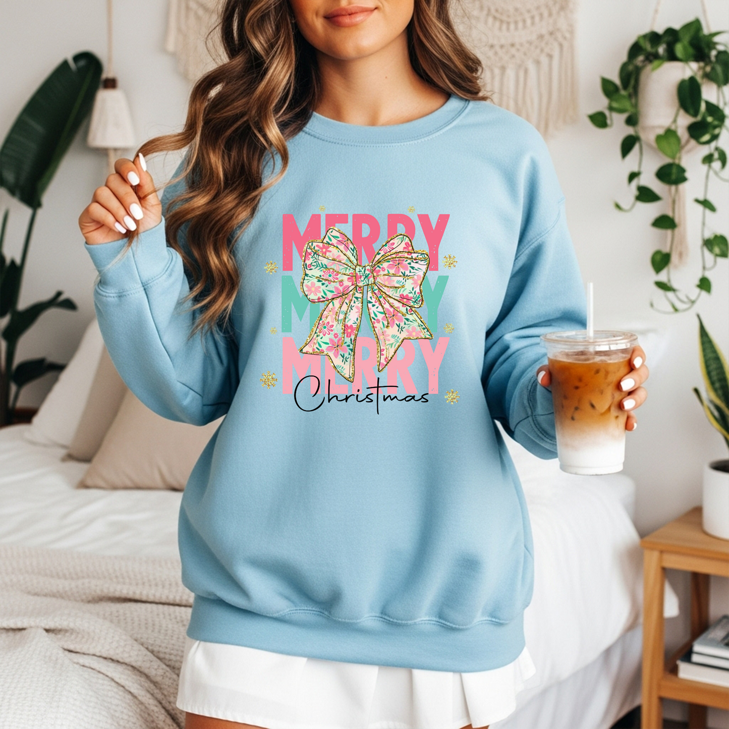 Merry Christmas Floral Bow | Adult DTF Transfer | Holiday Shirt Design