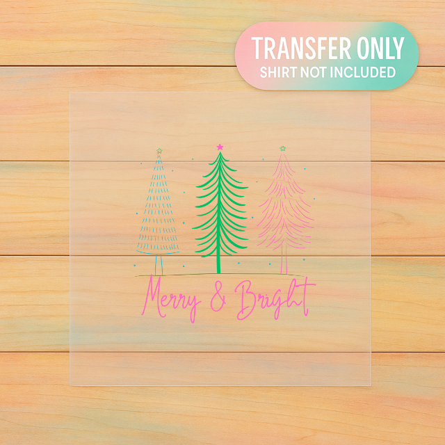 Merry & Bright DTF Transfer | Pastel Christmas Trees | Retro Holiday Print