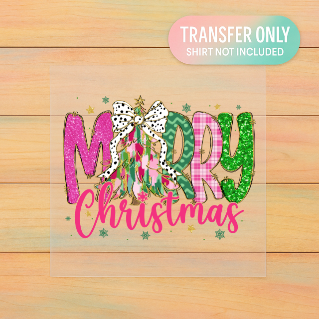 Merry Christmas DTF Transfer | Pink & Green Glitter Effect Tree Design | Polka Dot Bow Holiday Print
