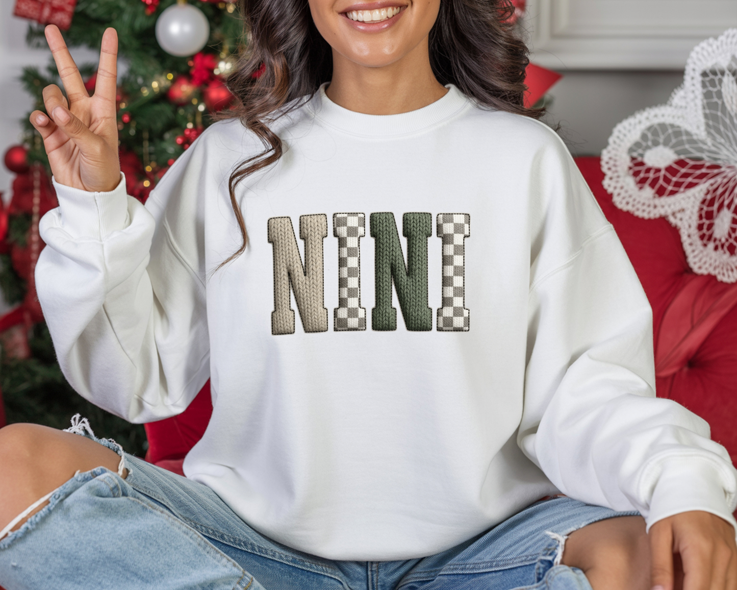 NINI Patchwork Text | Cozy Knit DTF Transfer | Ready to Press