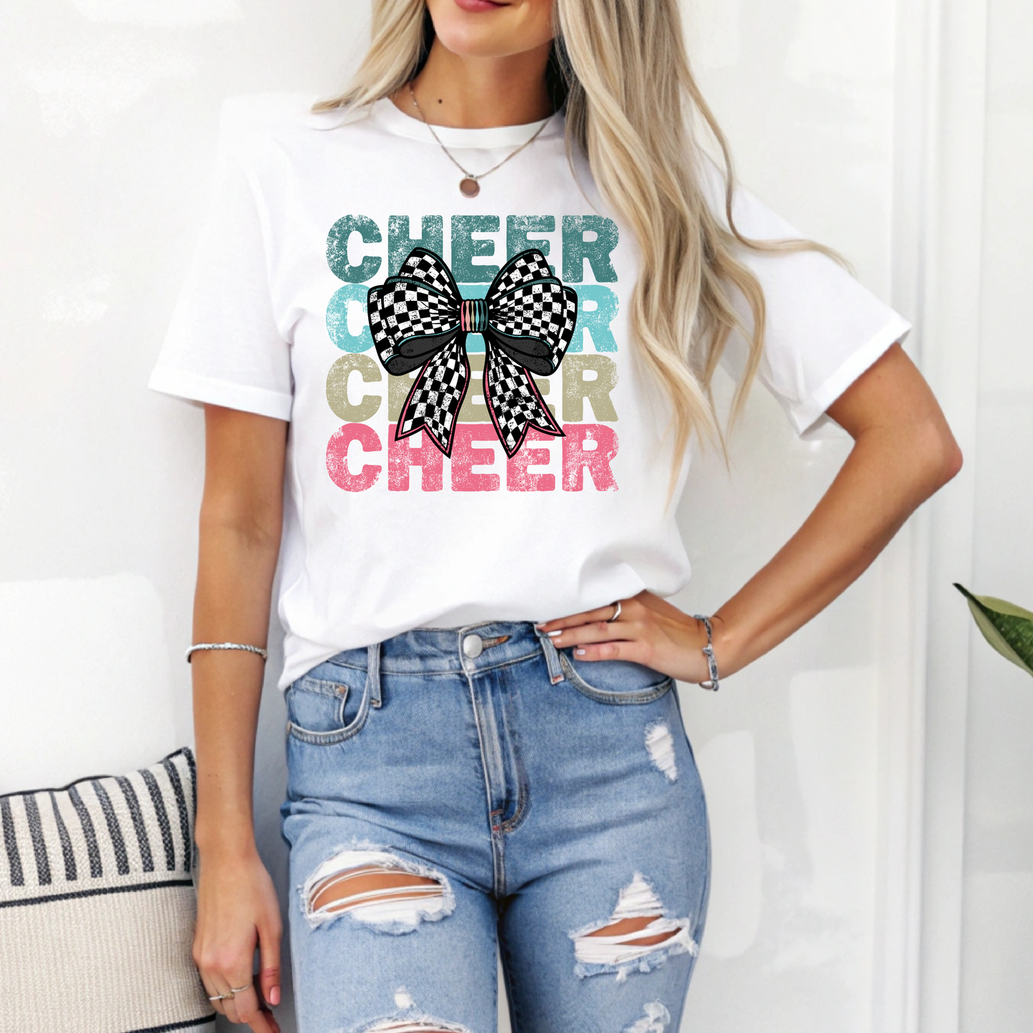 Cheer Cheer Cheer DTF Transfer | Retro Cheer Bow Design | Ready to Press