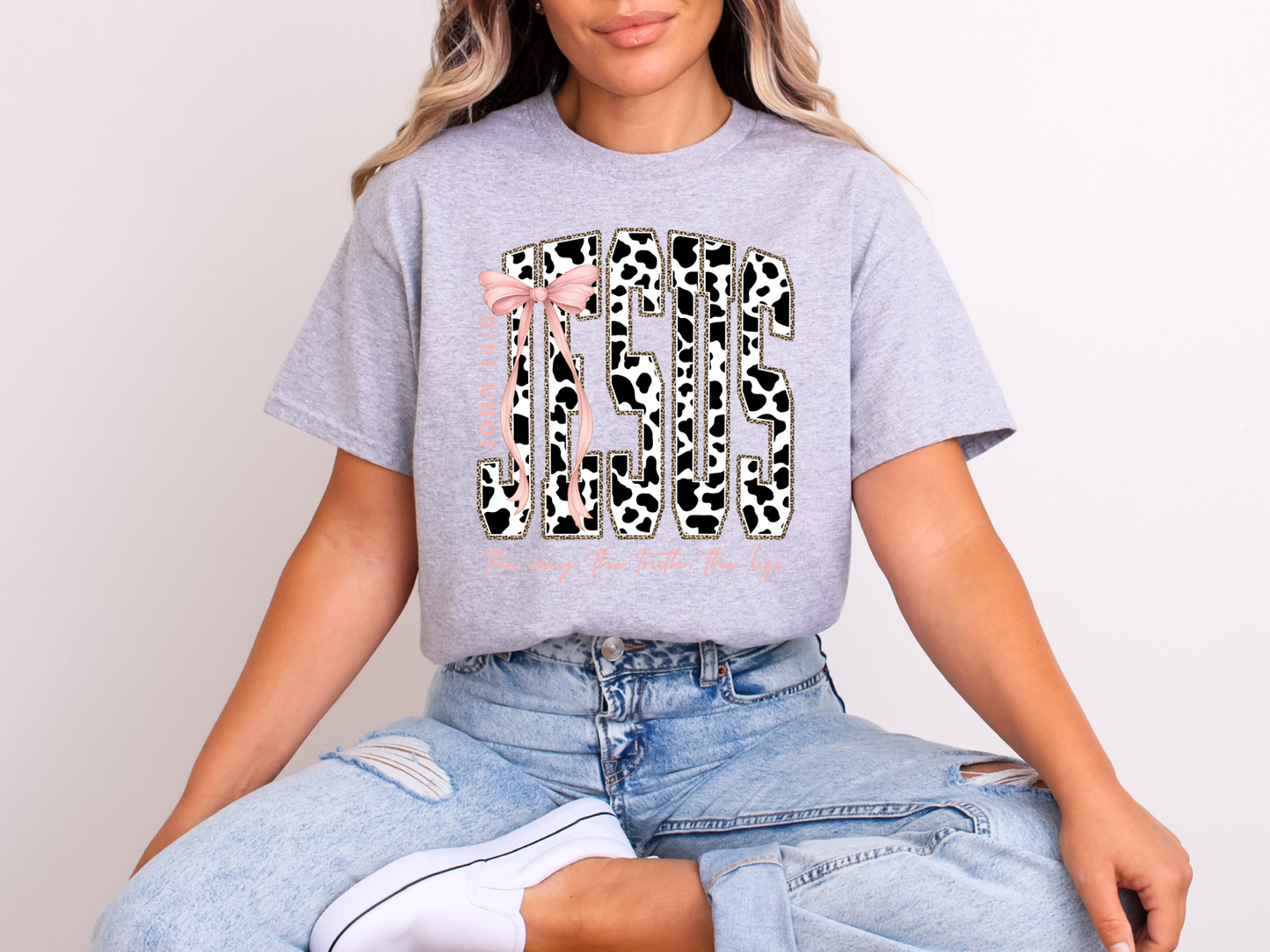 Cow Print Jesus Bow | Adult DTF Transfer | Ready to Press