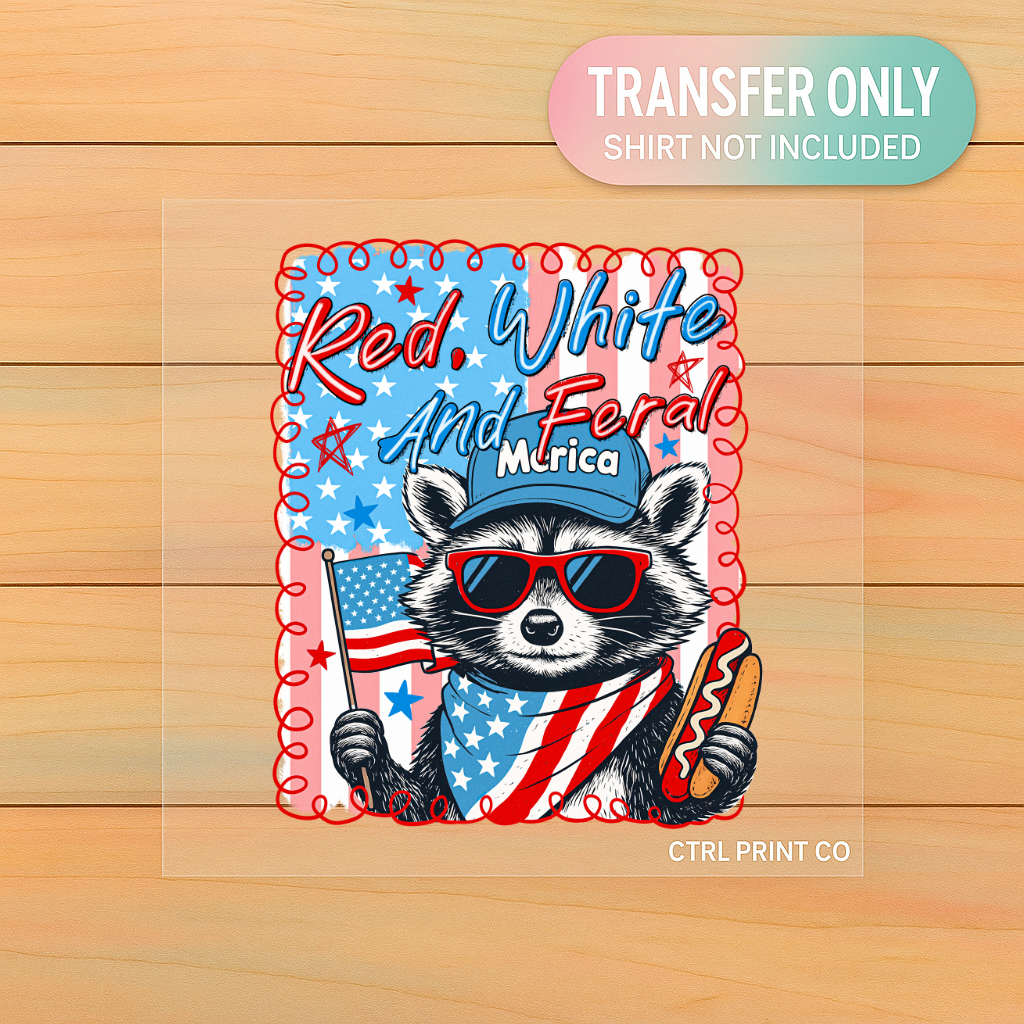 Red White and Feral Raccoon | Adult DTF Transfer | Ready to Press