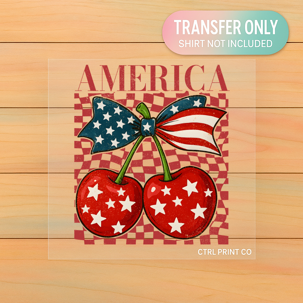 America Patriotic Cherry Bow | Adult DTF Transfer | Ready to Press