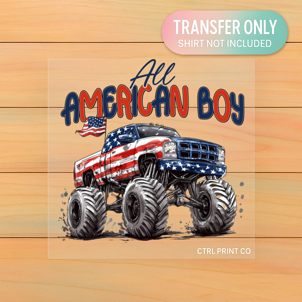 All American Boy Monster Truck | Youth DTF Transfer | Ready to Press | 7.5 inch