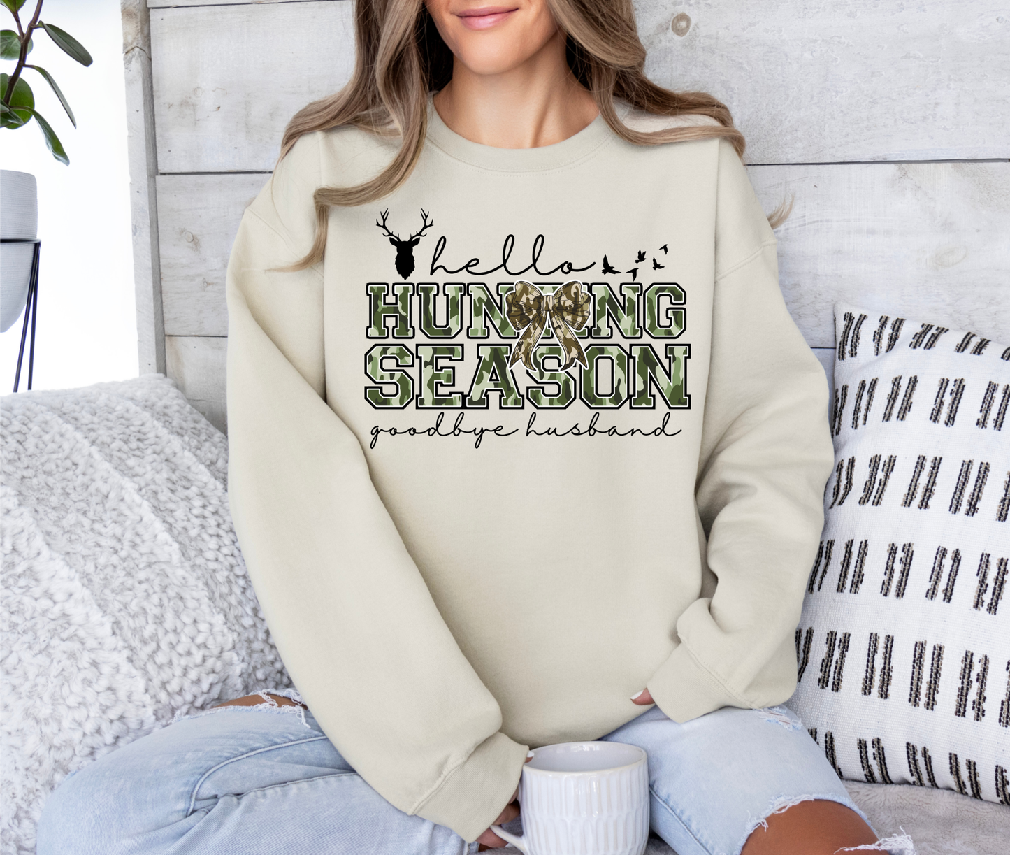 Hello Hunting Season Goodbye Husband DTF Transfer | Camo Bow Hunting Wife Design
