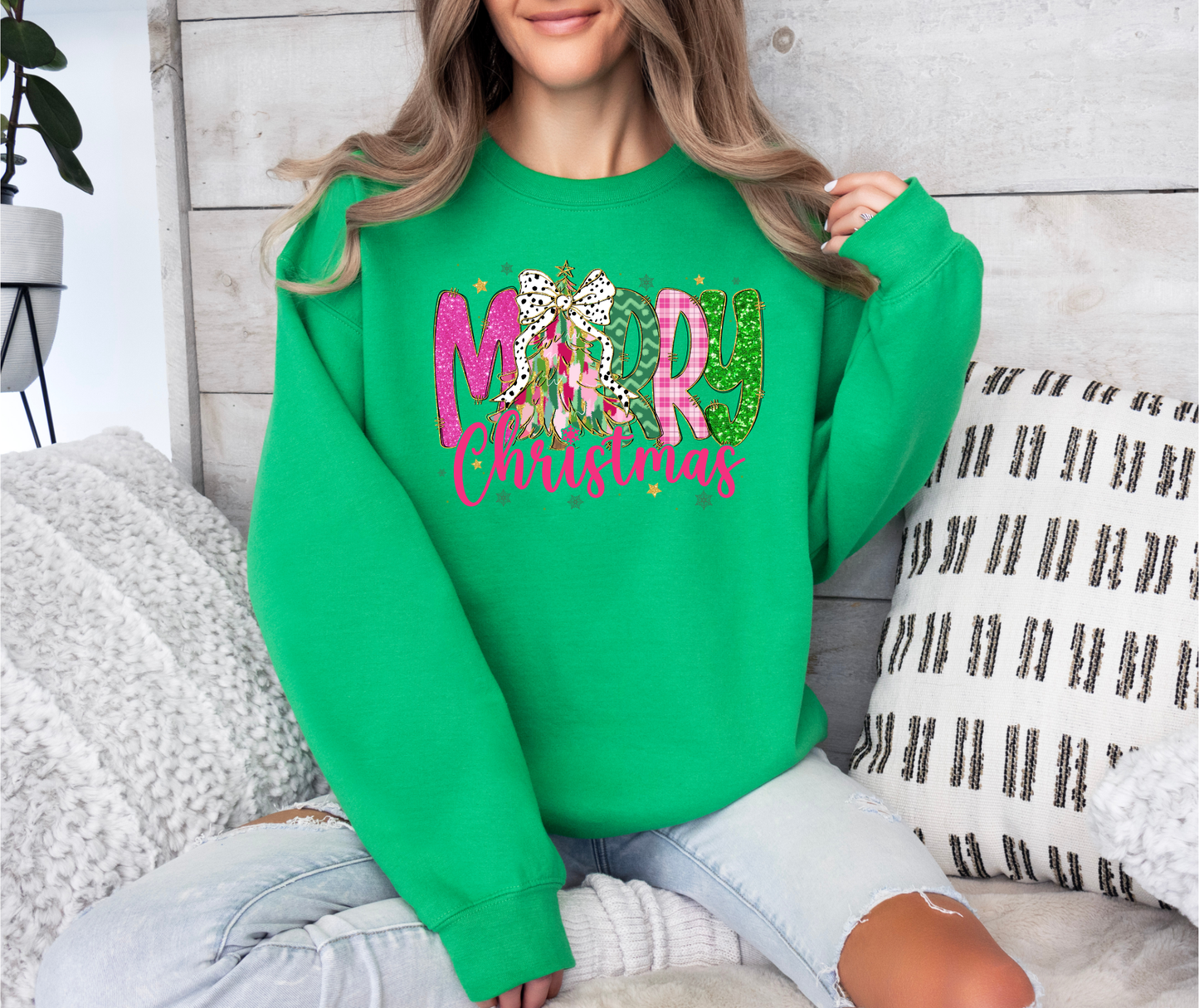 Merry Christmas DTF Transfer | Pink & Green Glitter Effect Tree Design | Polka Dot Bow Holiday Print