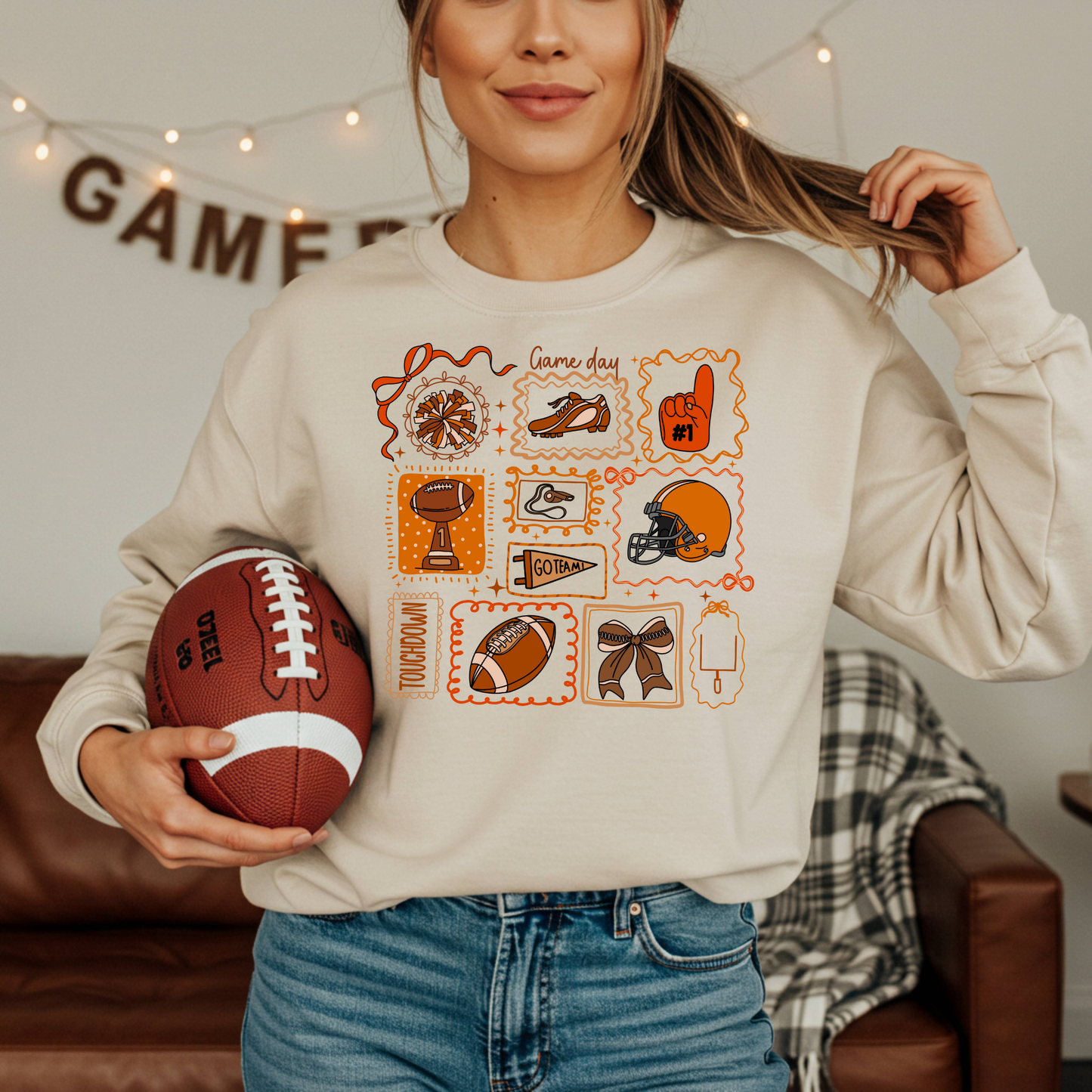 Football Game Day Doodle Collage | Orange & Brown DTF Transfer