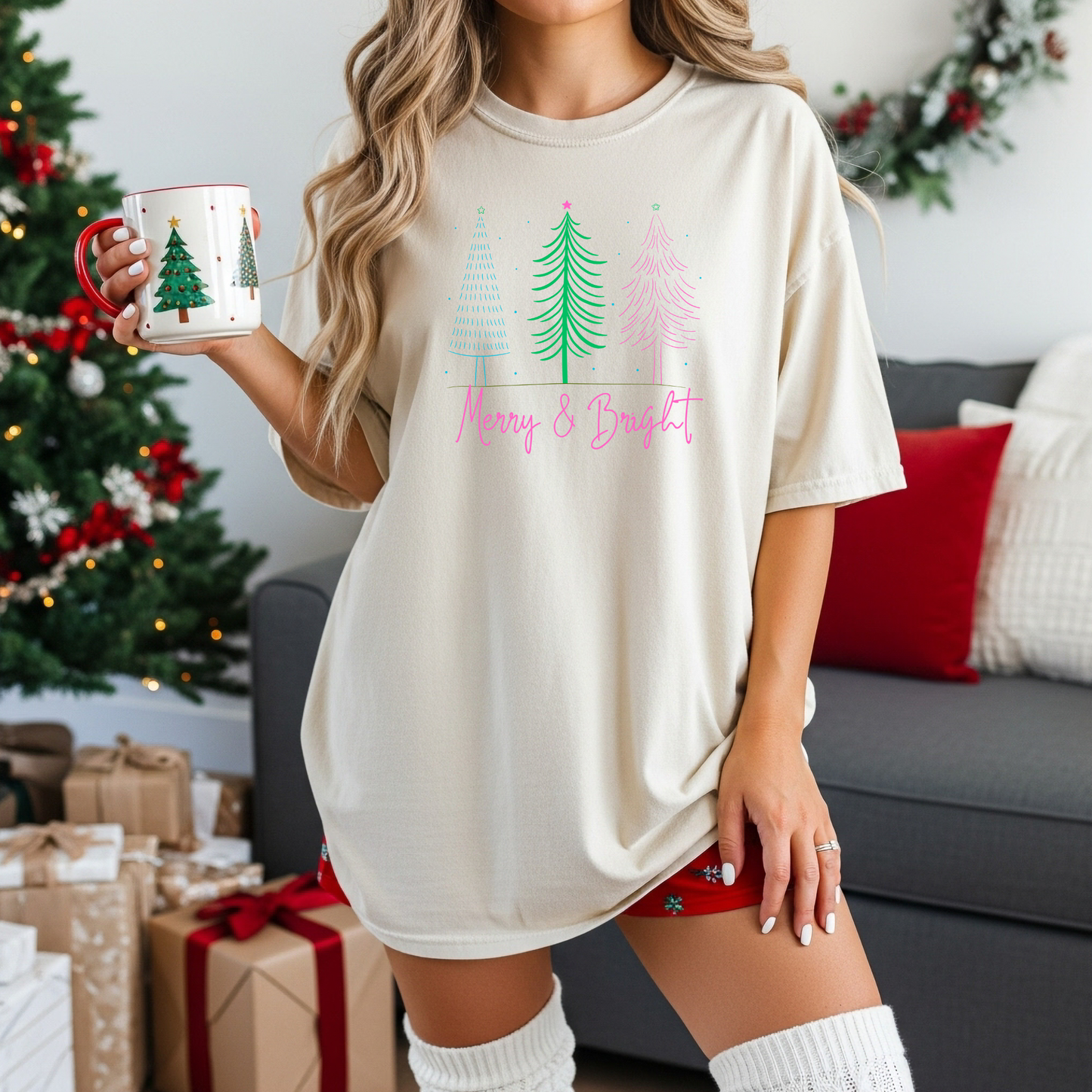 Merry & Bright DTF Transfer | Pastel Christmas Trees | Retro Holiday Print