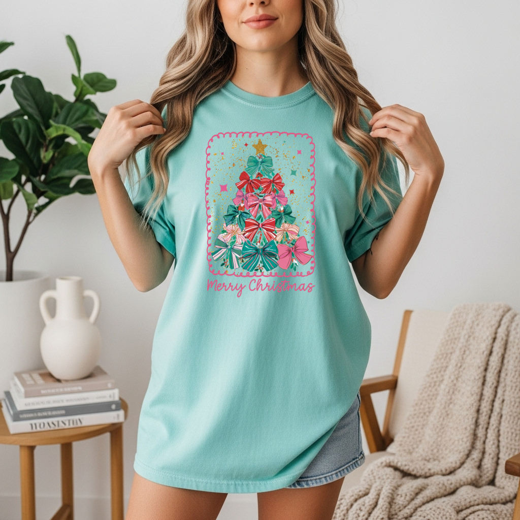 Bow Christmas Tree DTF Transfer | Merry Christmas Print | Girly Holiday Design