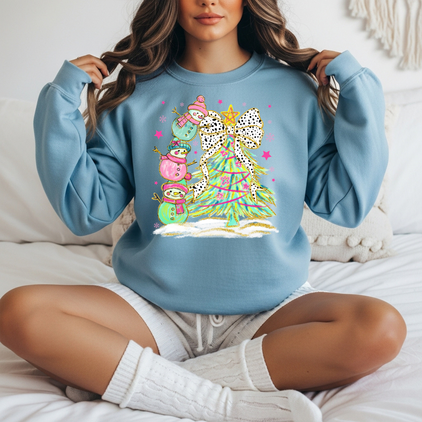 Pastel Christmas Tree & Snowmen DTF Transfer | Girly Holiday Shirt Design | Bright Christmas Print