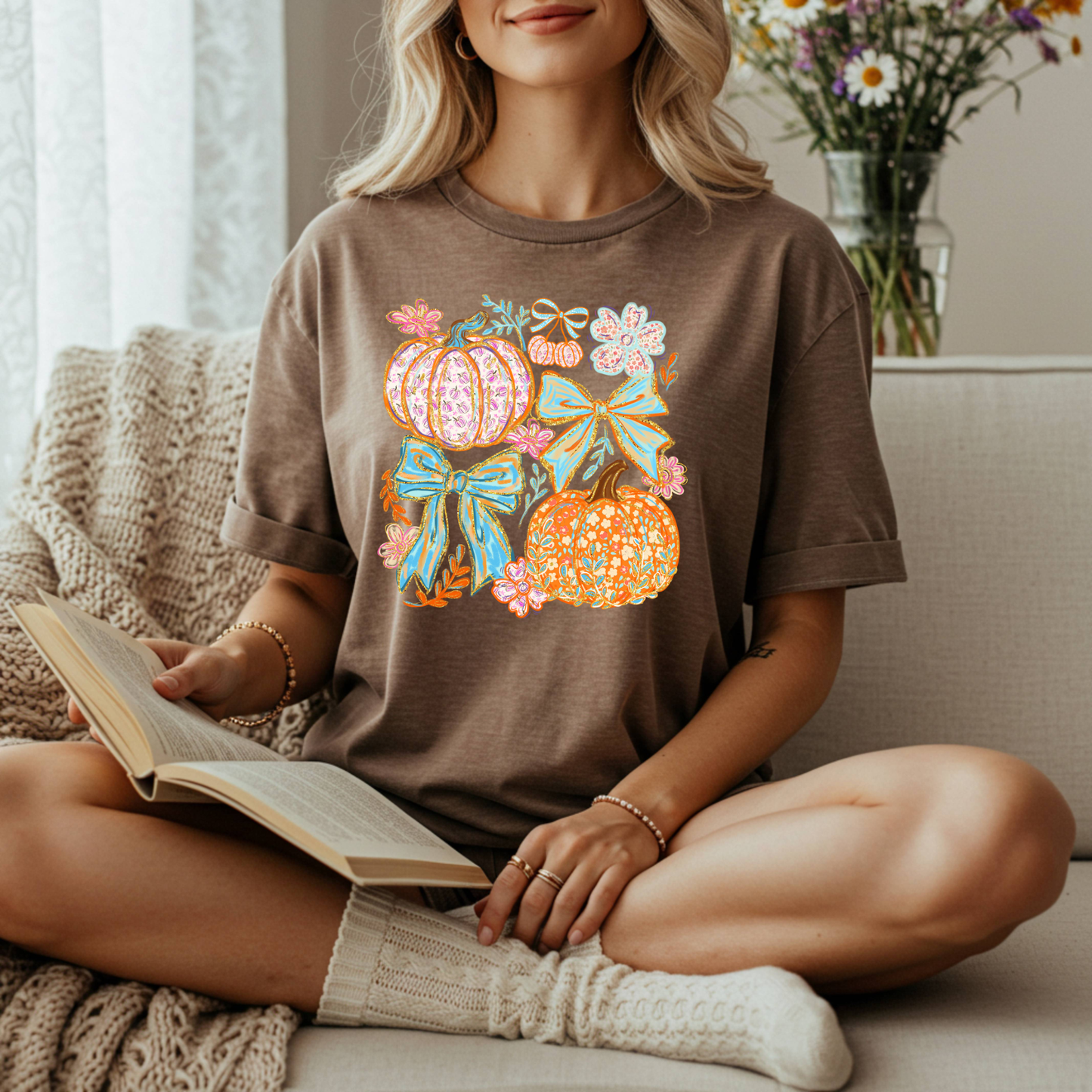 Boho Pumpkin & Bow DTF Transfer | Fall Floral Pumpkin Print | Autumn Shirt Design