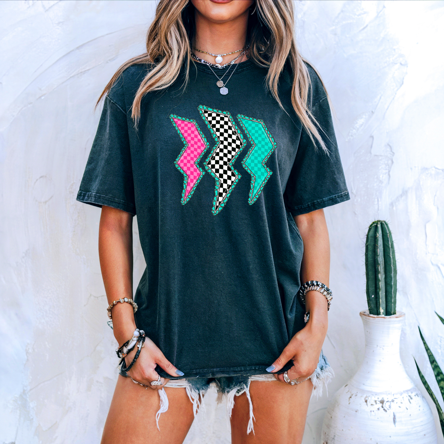 Western Bolt Trio DTF Transfer | Turquoise & Checkered Lightning Print | Retro Cowgirl Thunder Design