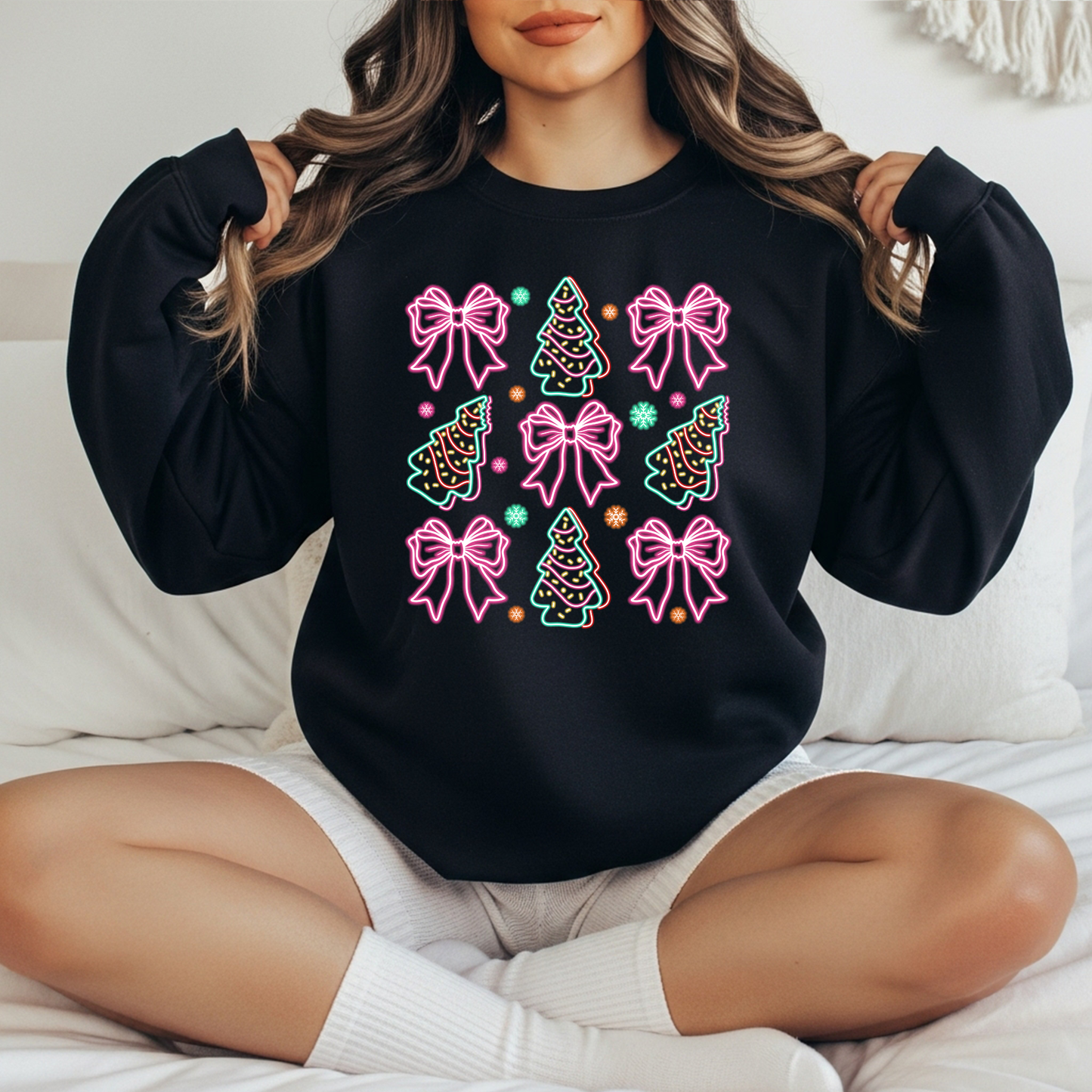 Neon Pink Christmas Tree & Bow DTF Transfer | Merry & Bright Glow Holiday Print | Retro Pinkmas Vibes