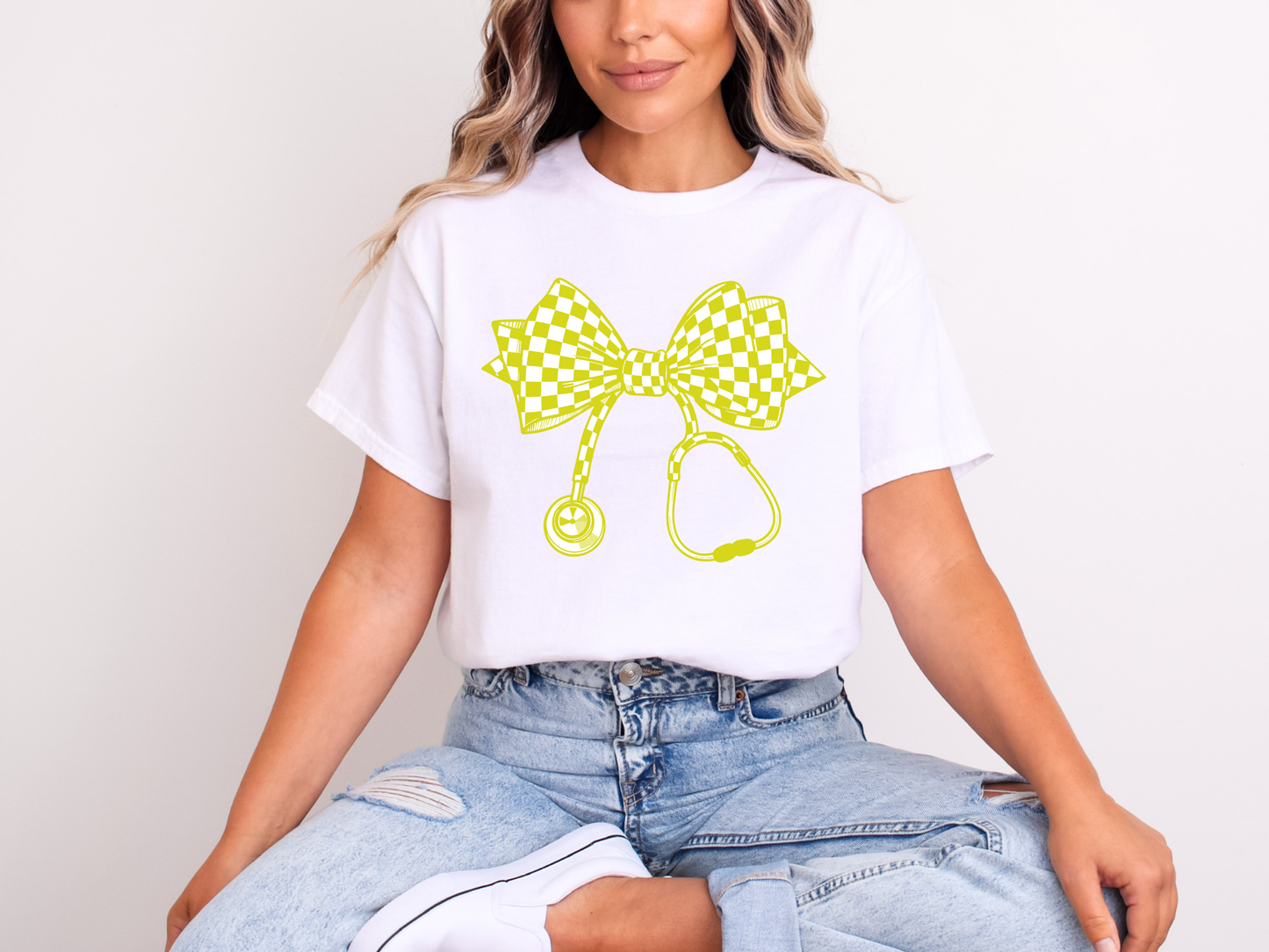 Neon Checkered Stethoscope Bow | Adult DTF Transfer | Ready to Press