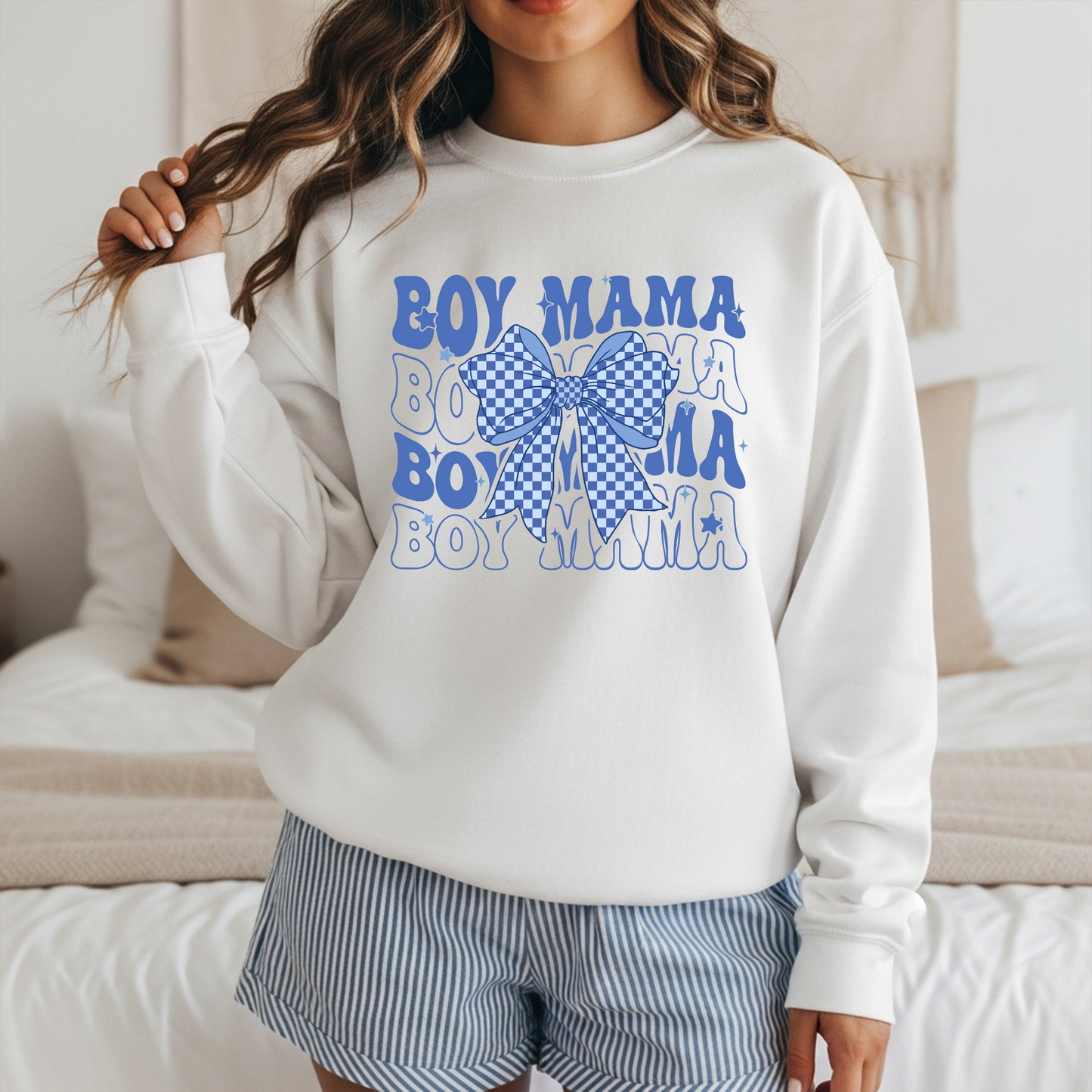 Retro Blue Boy Mama Bow | Adult DTF Transfer | Ready to Press