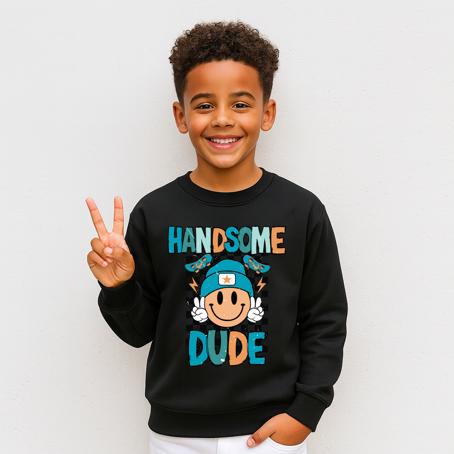Handsome Dude DTF Transfer | Boys Retro Checkered Smile Design