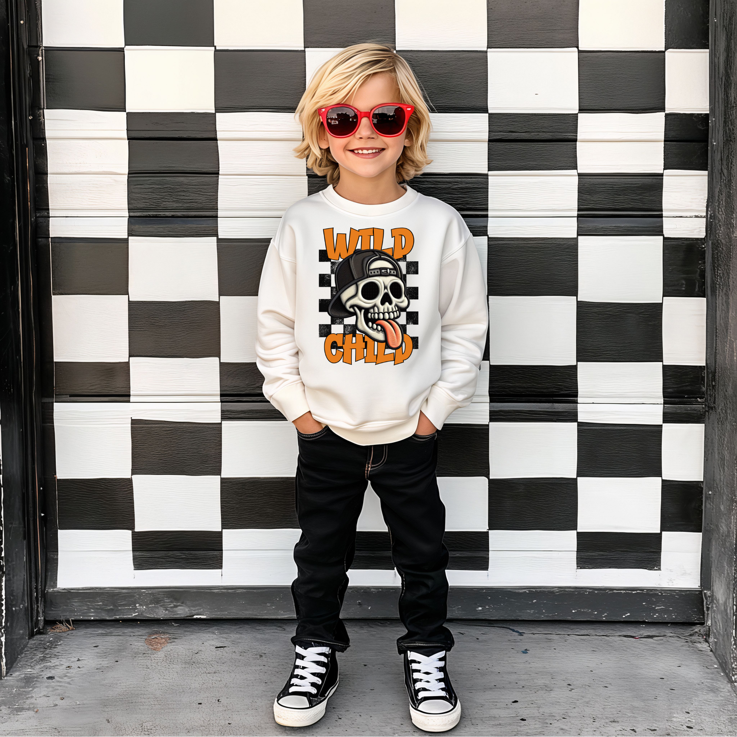 Wild Child Skull DTF Transfer | Retro Orange Checkered Skull Print | Edgy Streetwear Design