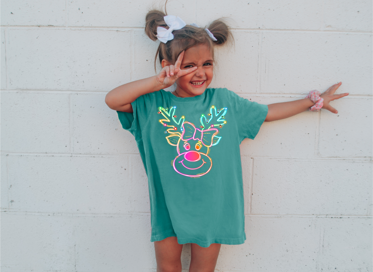Neon Reindeer DTF Transfer | Colorful Christmas Lights Bow Design | Youth Holiday Print