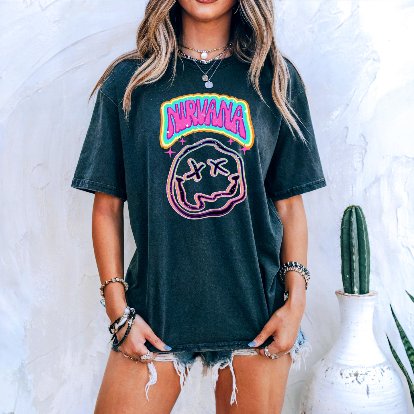 Retro Neon Vibes DTF Transfer | Smiley Face Graphic | 90s Grunge Aesthetic Print