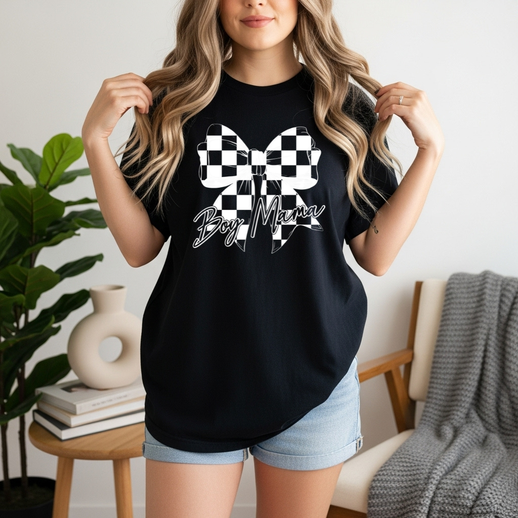 Checkered Bow Boy Mama DTF Transfer β Cute Mom Life Graphic (Adult Size)