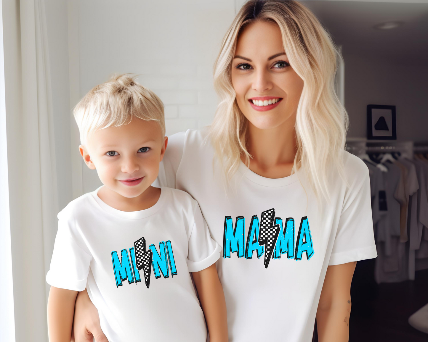 Mama & Mini DTF Transfer Set β Matching Checkered Bolt Design (Ready to Press)