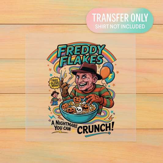 FREDDY FLAKES DTF Transfer | Horror Halloween Cereal Box Parody | Adult Ready to Press Heat Transfer
