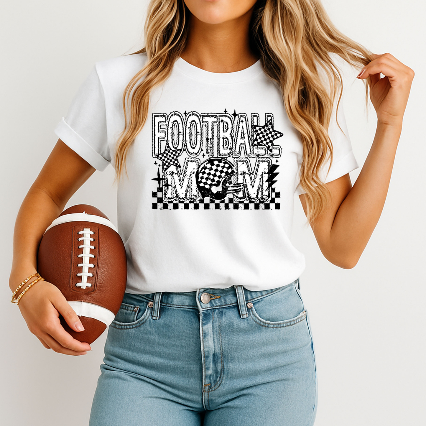 Football Mom | Black & White Checkered DTF Transfer | Ready to Press