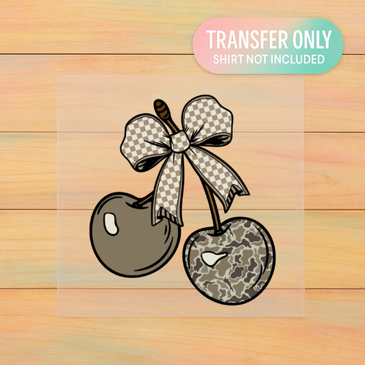 Camo Cherries – Neutral Bow DTF Transfer | Trendy Aesthetic Ready to Press