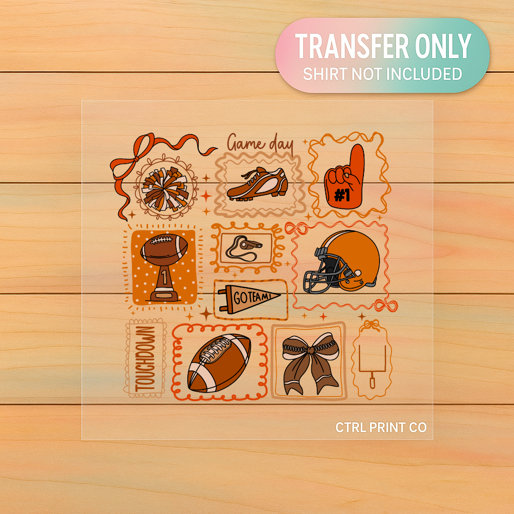 Football Game Day Doodle Collage | Orange & Brown DTF Transfer
