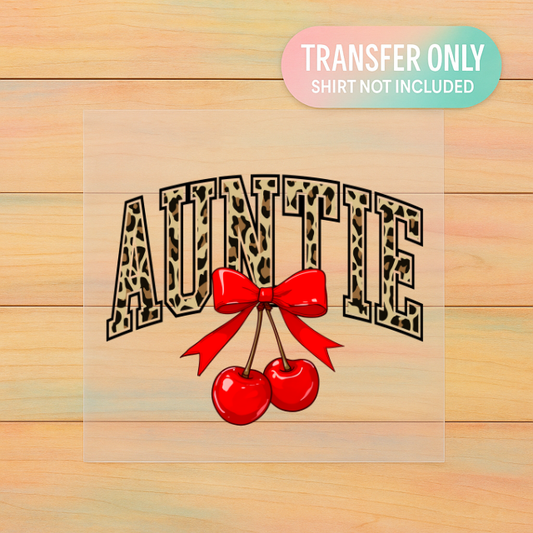 Cheetah Cherry Auntie DTF Transfer | Retro Leopard Print Bow Design | Trendy Gift for Cool Aunt