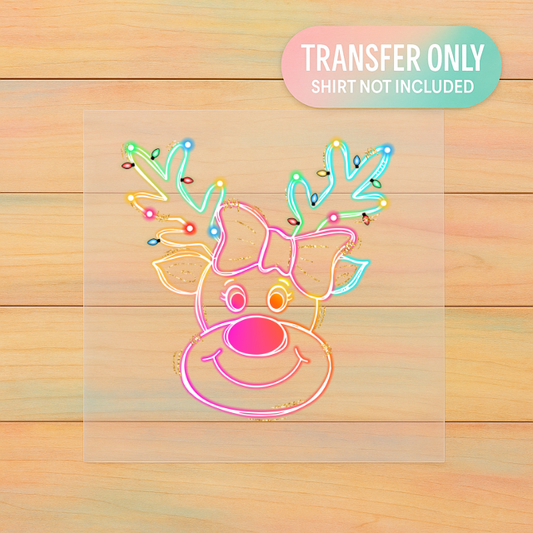 Neon Reindeer DTF Transfer | Colorful Christmas Lights Bow Design | Youth Holiday Print