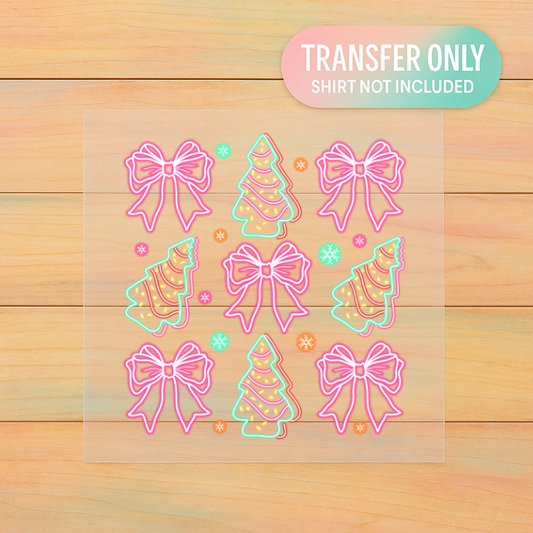 Neon Pink Christmas Tree & Bow DTF Transfer | Merry & Bright Glow Holiday Print | Retro Pinkmas Vibes