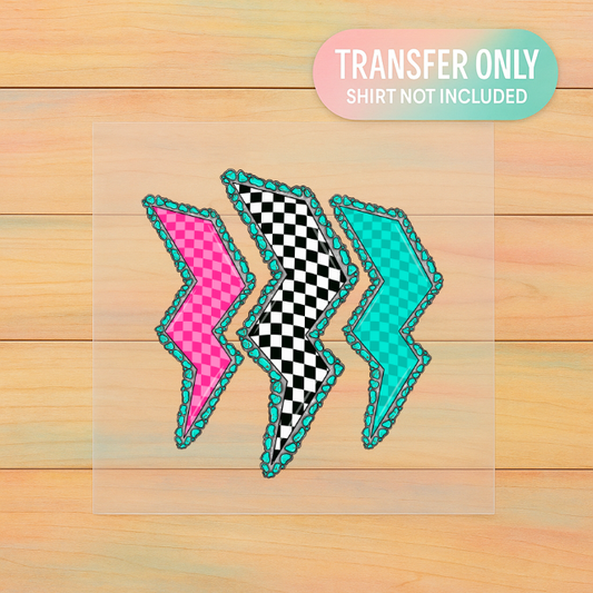 Western Bolt Trio DTF Transfer | Turquoise & Checkered Lightning Print | Retro Cowgirl Thunder Design