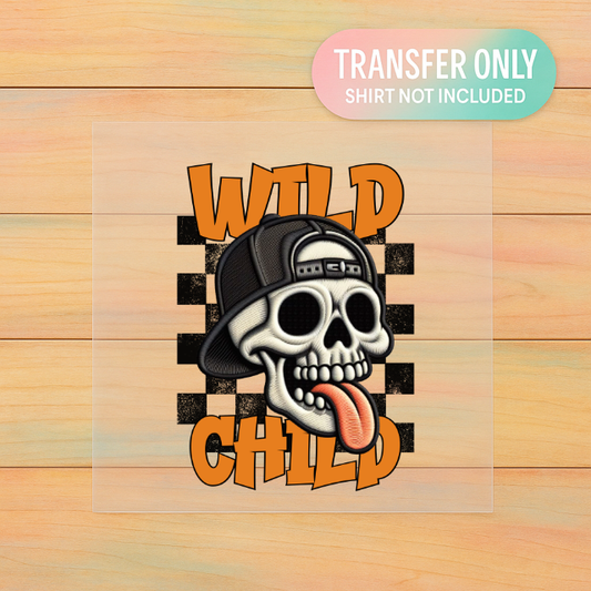 Wild Child Skull DTF Transfer | Retro Orange Checkered Skull Print | Edgy Streetwear Design