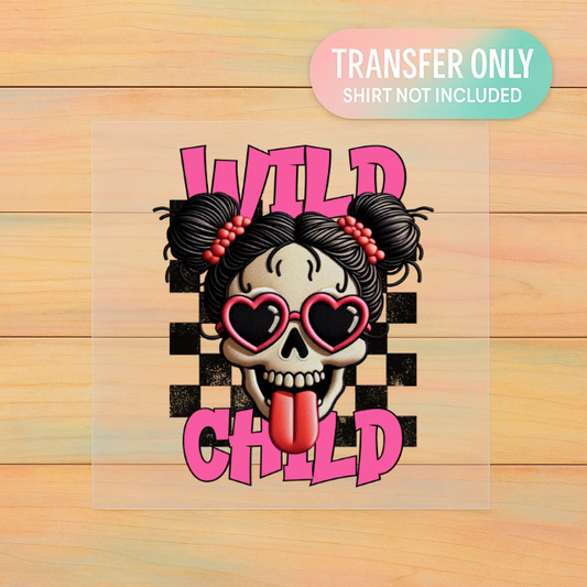 Wild Child Pink Skull DTF Transfer | Heart Sunglasses Girl Skull Print | Edgy Retro Checkered Design