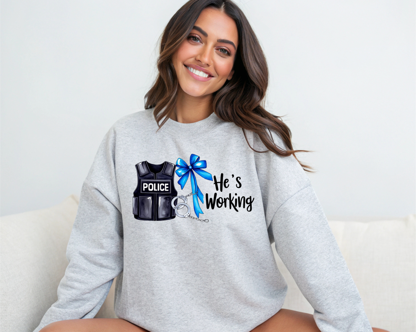 Police Officer | He’s Working DTF Transfer | Blue Line Bow Design | Ready to Press