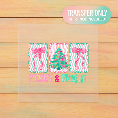 Merry & Bright DTF Transfer | Preppy Christmas Tree & Bow Print | Pink and Mint Holiday Shirt Design