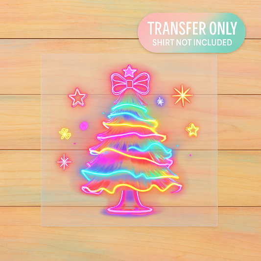 Neon Christmas Tree DTF Transfer | Bright Holiday Bow Print | Retro Glow Christmas Shirt Design