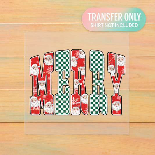 Merry Christmas DTF Transfer | Retro Santa & Checkerboard Print | Vintage Holiday Shirt Design