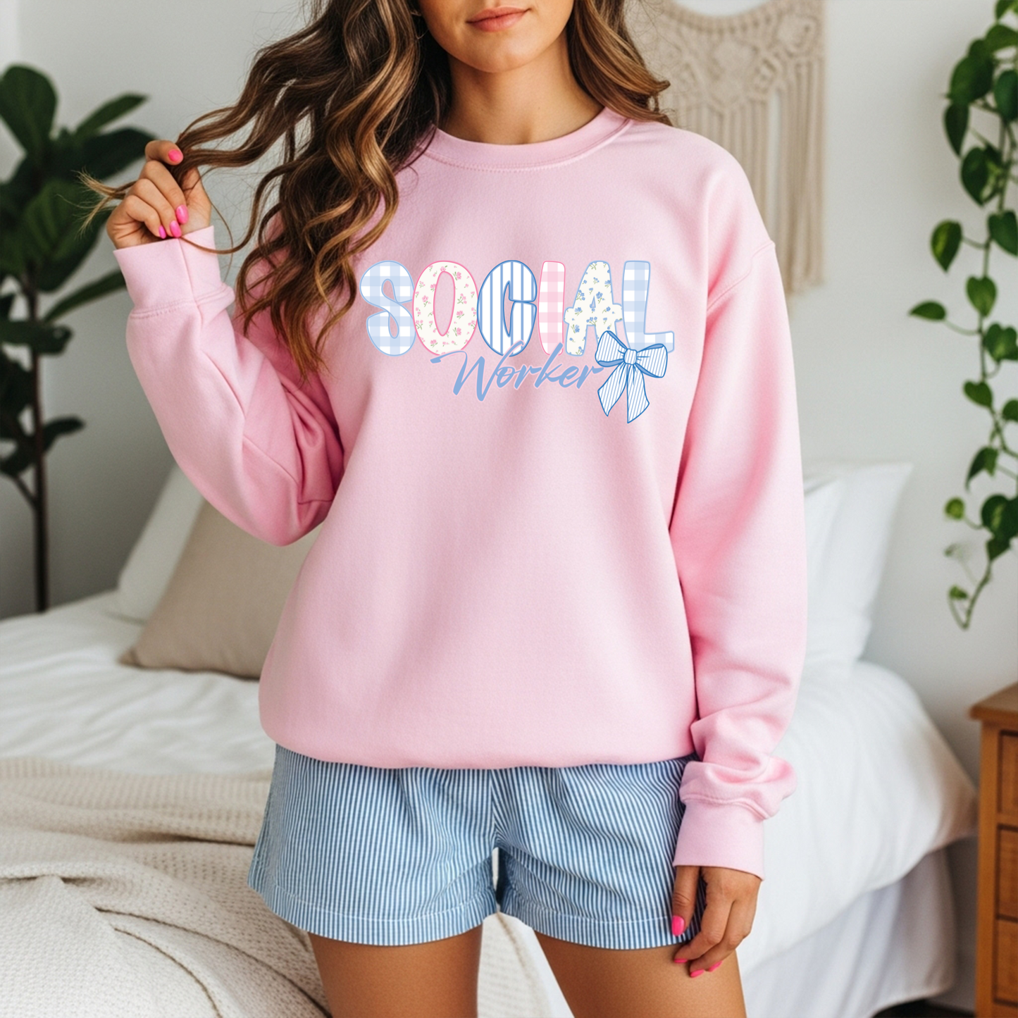 Social Worker Bow Print | Blue Gingham & Neutral DTF Transfer | Ready to Press