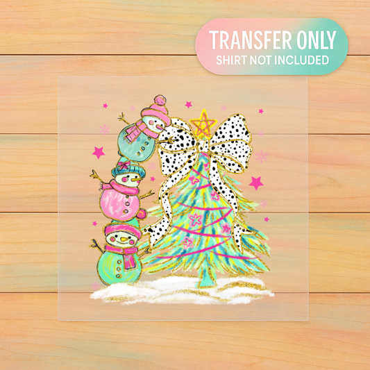 Pastel Christmas Tree & Snowmen DTF Transfer | Girly Holiday Shirt Design | Bright Christmas Print