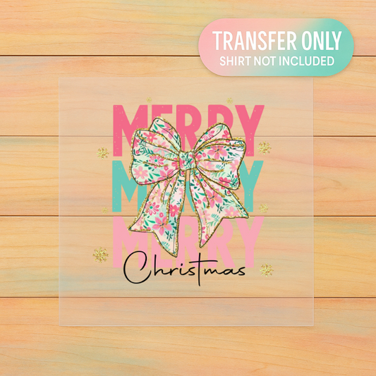 Merry Christmas Floral Bow | Adult DTF Transfer | Holiday Shirt Design